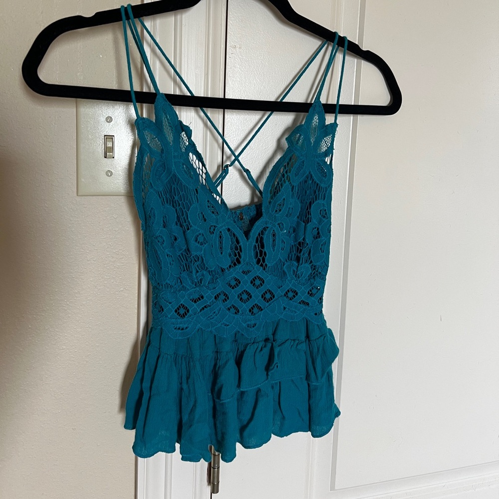 Free People Teal Lace Camisole Boho Style Ruffles